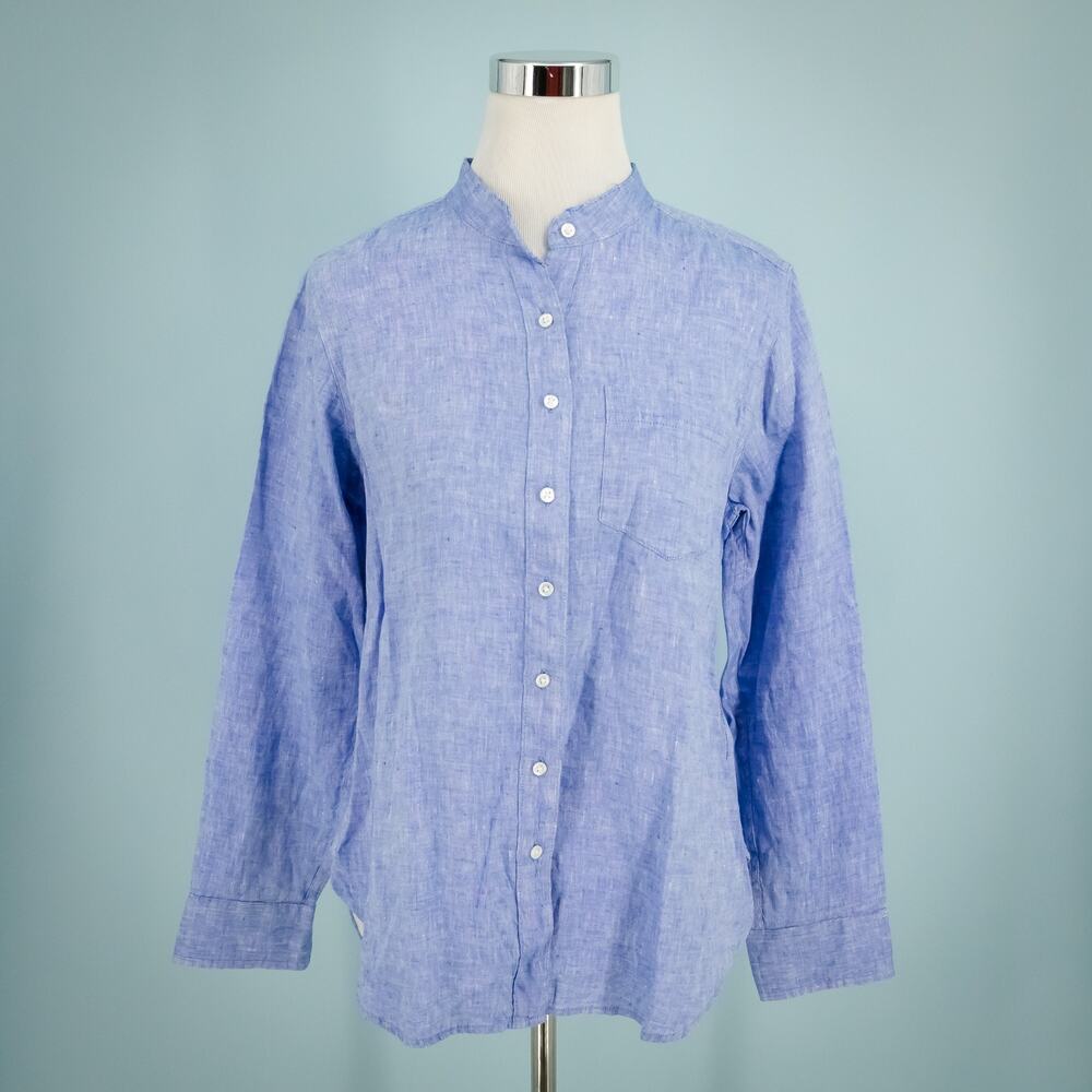 L.L. Bean Size Small S Petite Blue Mandarin Collar Button Long Sleeve Linen Top